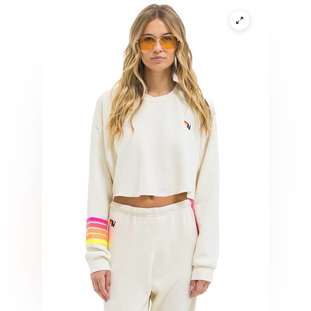 AVIATOR NATION Vintage White & Neon Cropped Sweatshirt